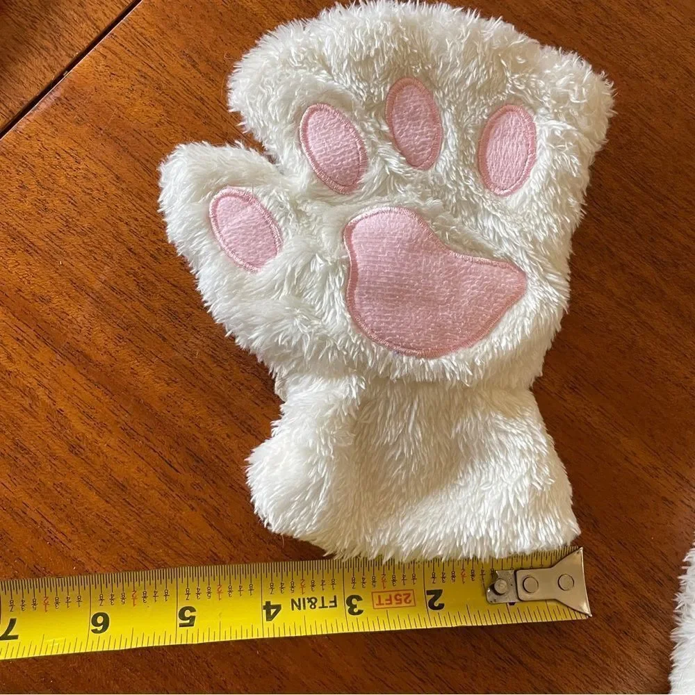 Fuzzy Cat Paw Costume Gloves White with Pink Pads